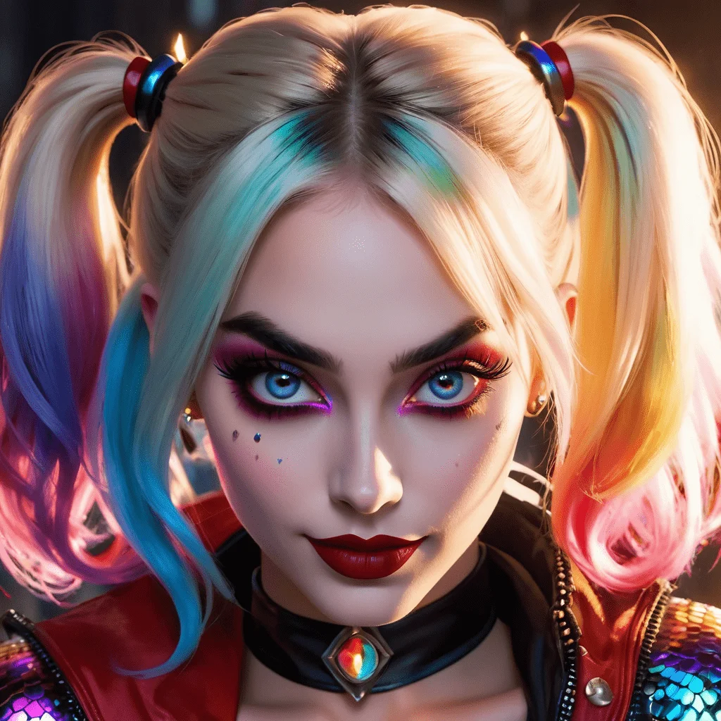 Harley Quinn, perfect face, perfect eyes, extremely detailed symmetric hazel eyes with circular iris, Broken Glass effect, no background, stunning, energy, molecular, textures, iridescent and luminescent scales, breathtaking beauty, pure perfection, divine presence, unforgettable, impressive, breathtaking beauty, Volumetric light, auras, rays, vivid colors reflects, lying on her beg, fearful face, full body shot