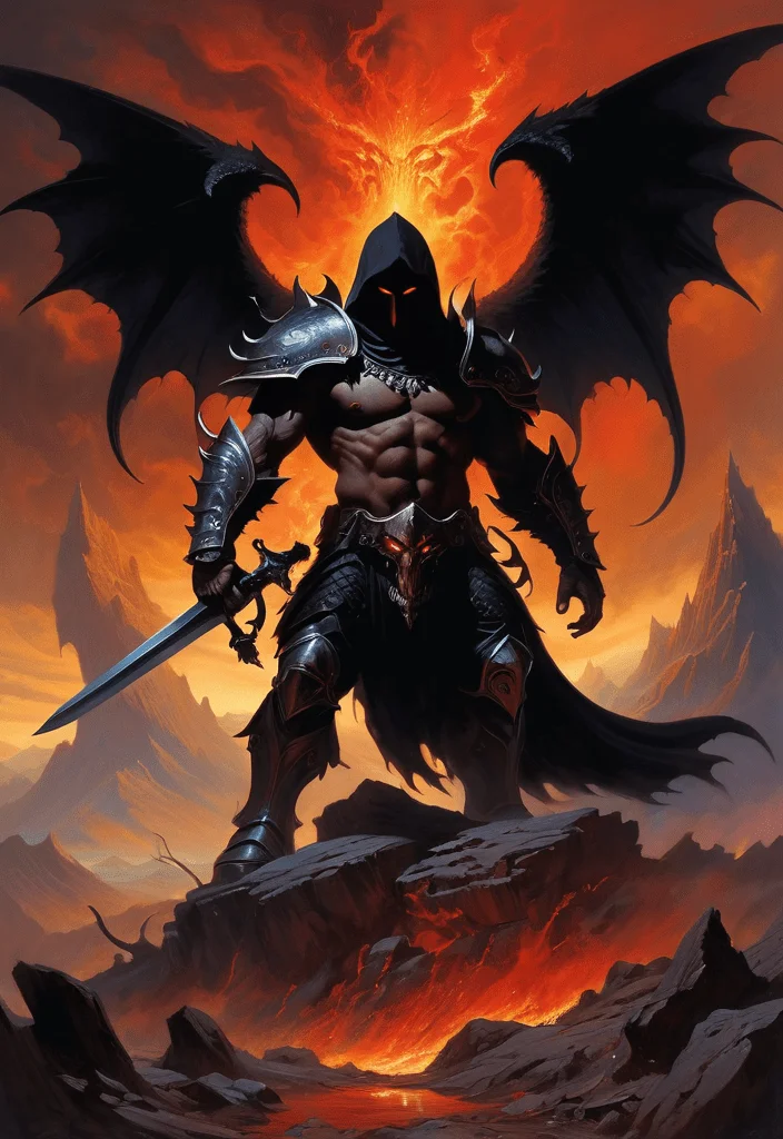 Imagine an ultra-detailed oil painting that thrusts you into the heart of a surreal, dark fantasy dreamscape, masterfully rendered in the iconic style of Frank Frazetta. At the center of this apocalyptic hellscape stands a formidable, muscular figure, shrouded in a dark hood, with enormous black wings unfurled menacingly. His demonic plate armor, intricately designed and exuding malevolence, catches the faint, eerie light. His face, a dark void shrouded in shadow, is featureless except for two fiery red eyes that burn with an infernal intensity. He is engaged in a ferocious battle against a horde of demonic beasts that swarm in from all sides. Each beast, a grotesque amalgamation of nightmare and flesh, falls before the sweeping arcs of his massive, gleaming sword, wielded with a master's precision. In the background, jagged mountains rise ominously, silhouetted against a tempestuous, roiling sky. The ground is a macabre tapestry of decapitated demons, scattered skulls, and winding rivers of blood, completing this nightmarish vista with a visceral sense of dread and awe.